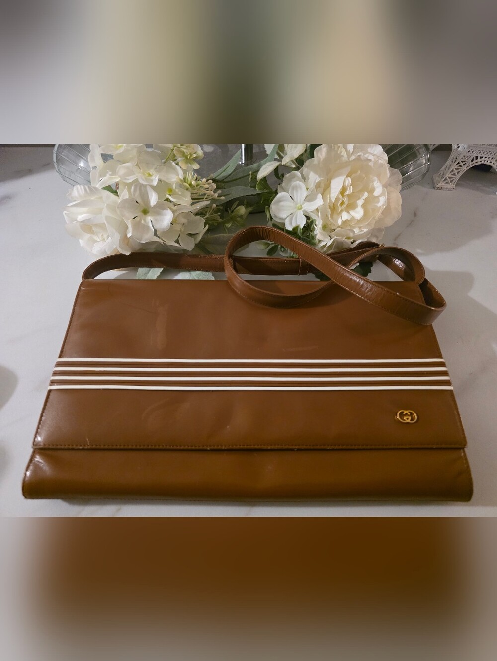 Gucci Brown Shoulder Bag with White Stripe Accents